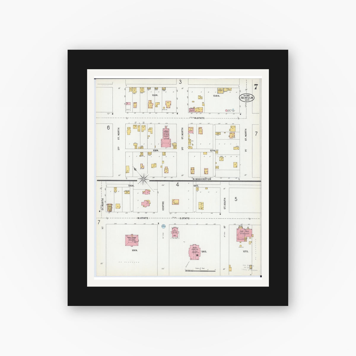 Old map wall art mockup — black gallery frame with white mat — Sanborn Fire Insurance Map from New Ulm, Brown County, Minnesota (1899), Sheet #0007