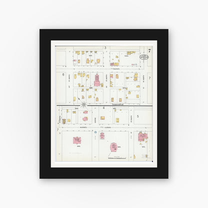 Old map wall art mockup — black gallery frame with white mat — Sanborn Fire Insurance Map from New Ulm, Brown County, Minnesota (1899), Sheet #0007