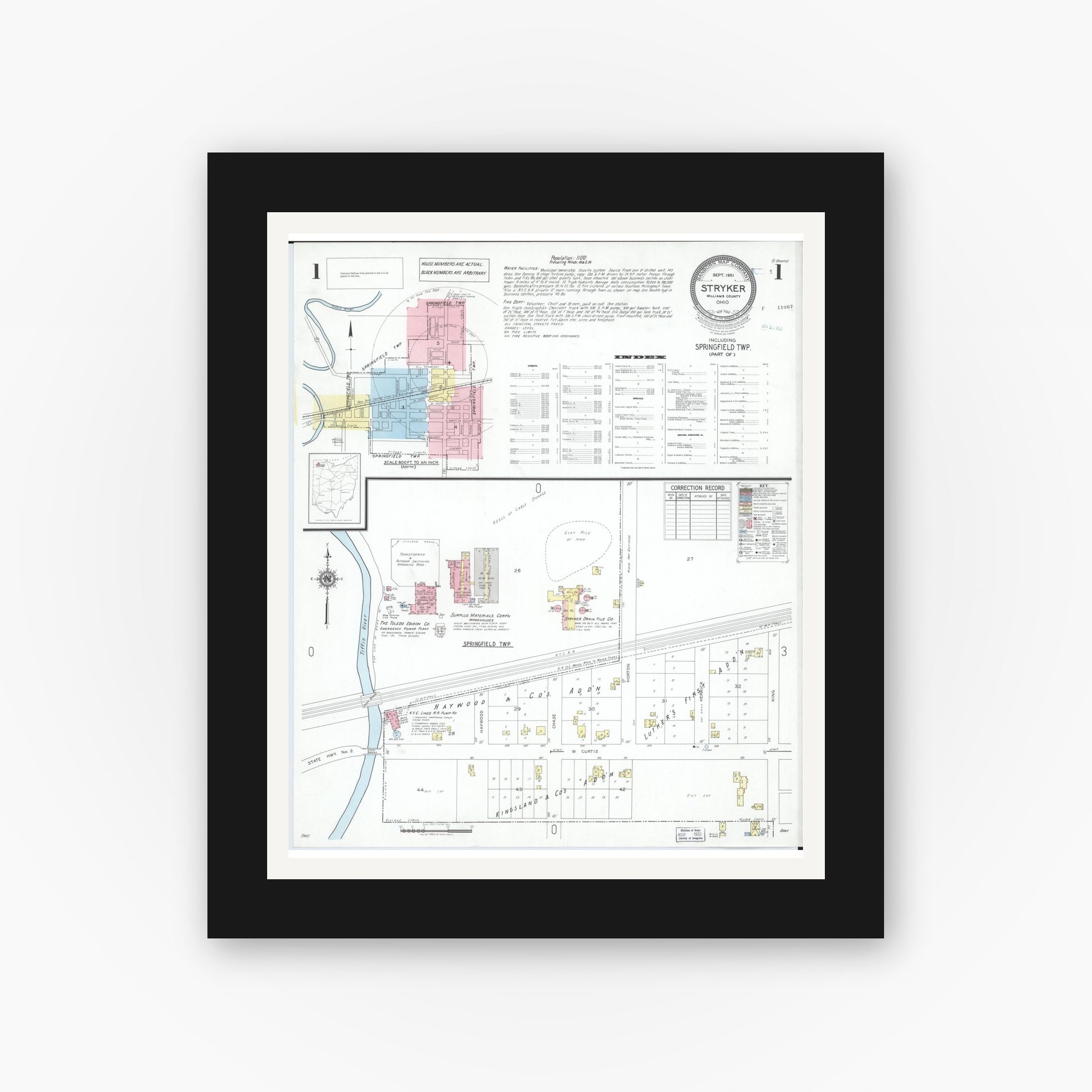Old map wall art mockup — black gallery frame with white mat — Sanborn Fire Insurance Map from Stryker, Williams County, Ohio (1951), Sheet #0001