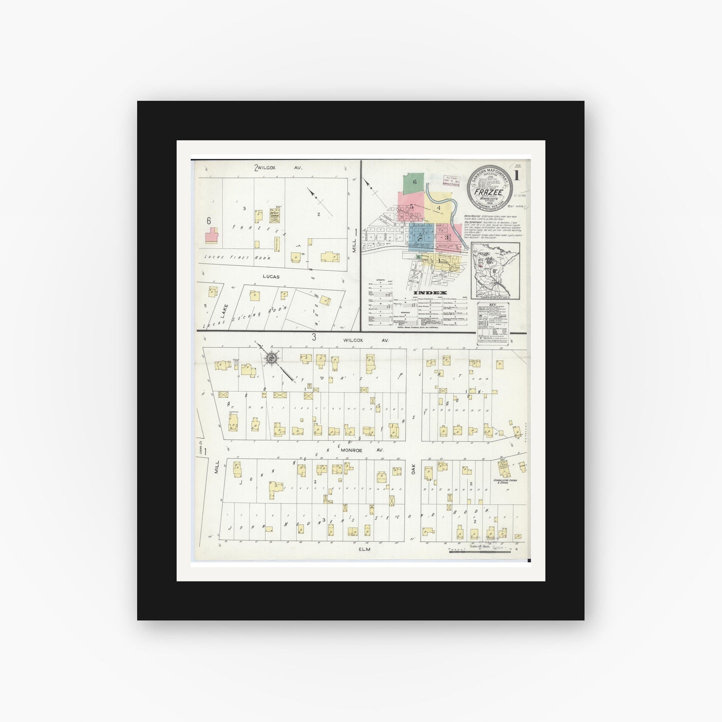 Old map wall art mockup — black gallery frame with white mat — Sanborn Fire Insurance Map from Frazee, Becker County, Minnesota (1914), Sheet #0001