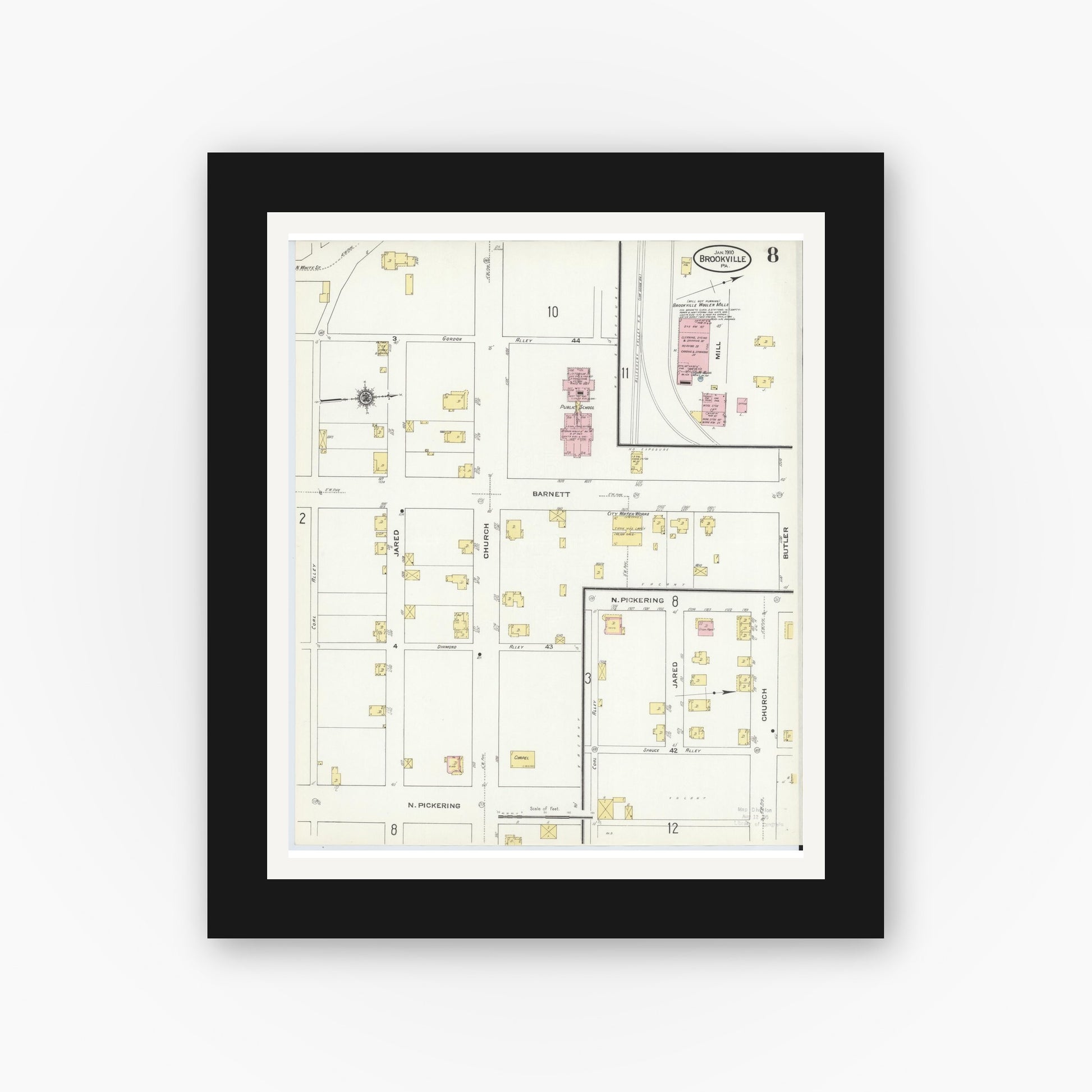 Old map wall art mockup — black gallery frame with white mat — Sanborn Fire Insurance Map from Brookville, Jefferson County, Pennsylvania (1910), Sheet #0008