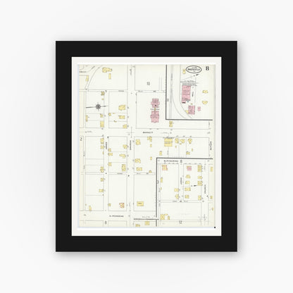 Old map wall art mockup — black gallery frame with white mat — Sanborn Fire Insurance Map from Brookville, Jefferson County, Pennsylvania (1910), Sheet #0008