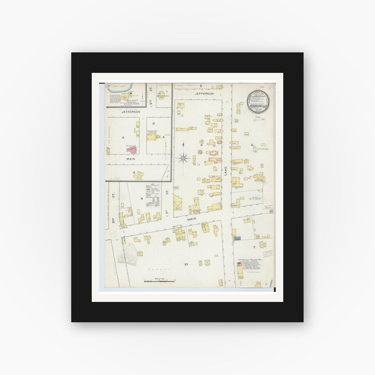 Old map wall art mockup — black gallery frame with white mat — Sanborn Fire Insurance Map from Harrisville, Alcona County, Michigan (1893), Sheet #0001