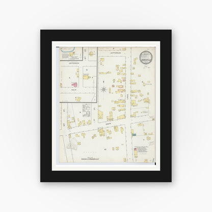 Old map wall art mockup — black gallery frame with white mat — Sanborn Fire Insurance Map from Harrisville, Alcona County, Michigan (1893), Sheet #0001