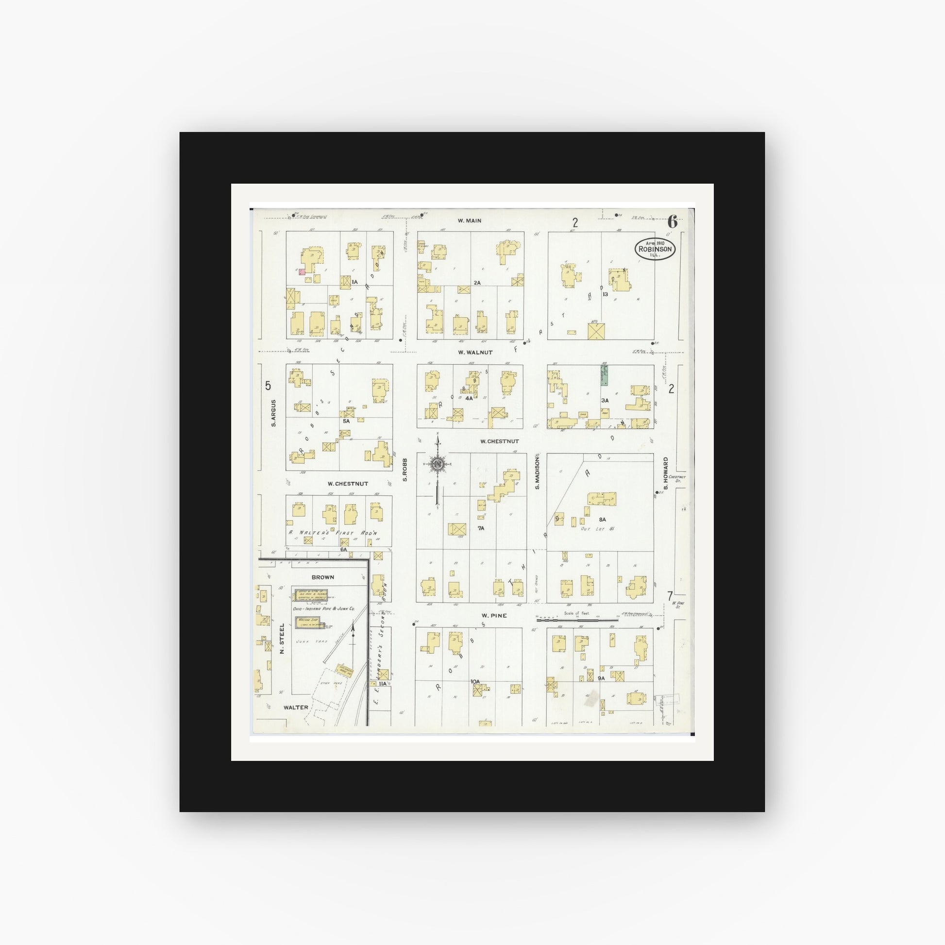 Old map wall art mockup — black gallery frame with white mat — Sanborn Fire Insurance Map from Robinson, Crawford County, Illinois (1910), Sheet #0006