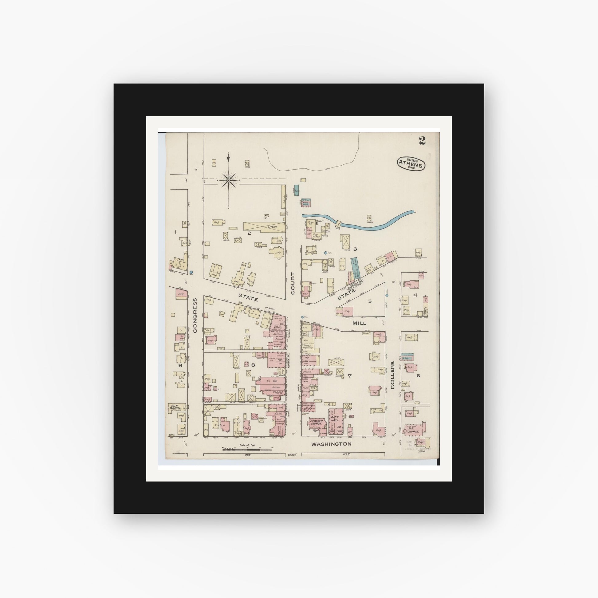 Old map wall art mockup — black gallery frame with white mat — Sanborn Fire Insurance Map from Athens, Athens County, Ohio (1885), Sheet #0002