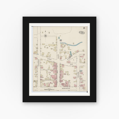Old map wall art mockup — black gallery frame with white mat — Sanborn Fire Insurance Map from Athens, Athens County, Ohio (1885), Sheet #0002