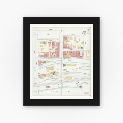 Old map wall art mockup — black gallery frame with white mat — Sanborn Fire Insurance Map from Clyde, Wayne County, New York (1901), Sheet #0002