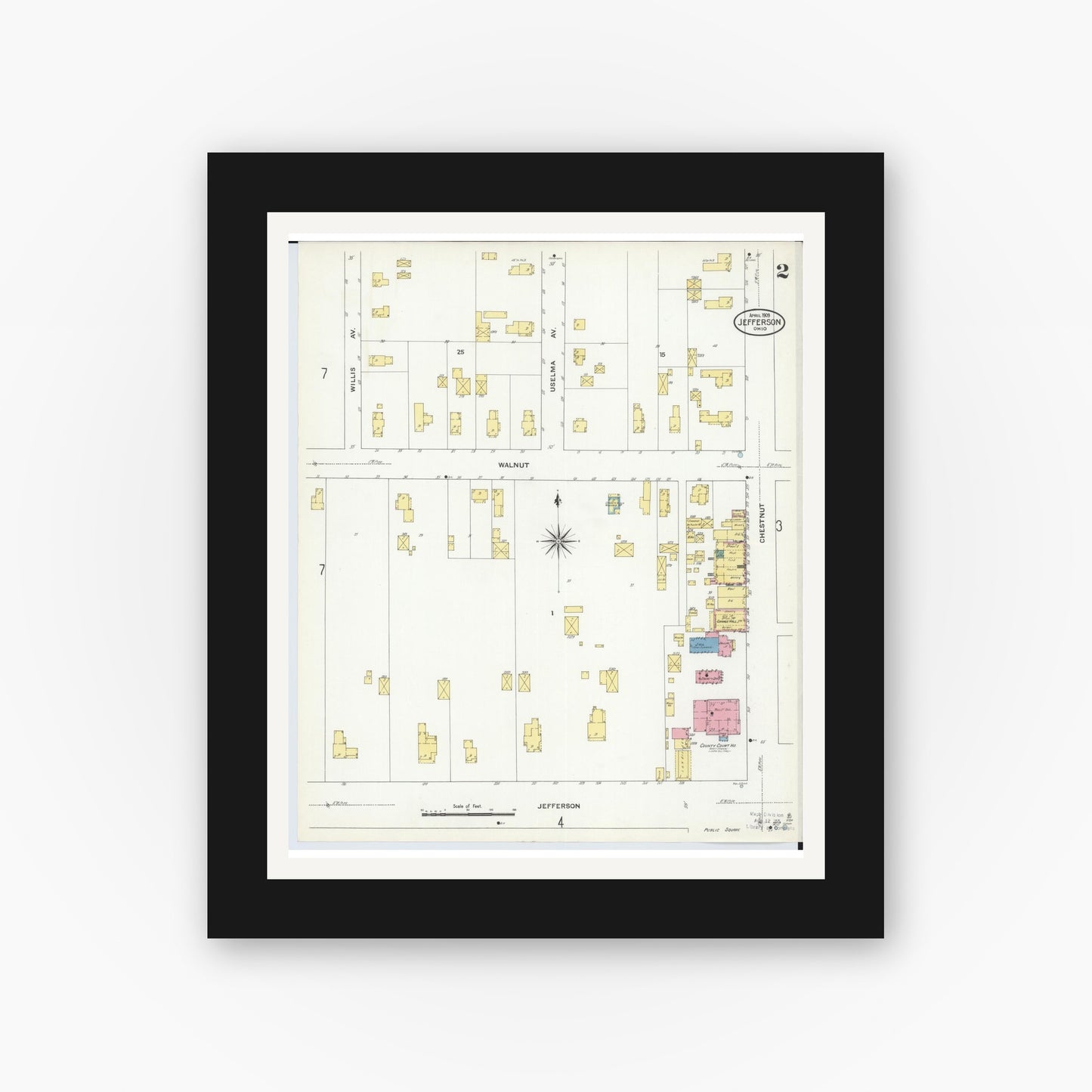 Old map wall art mockup — black gallery frame with white mat — Sanborn Fire Insurance Map from Jefferson, Ashtabula County, Ohio (1909), Sheet #0002