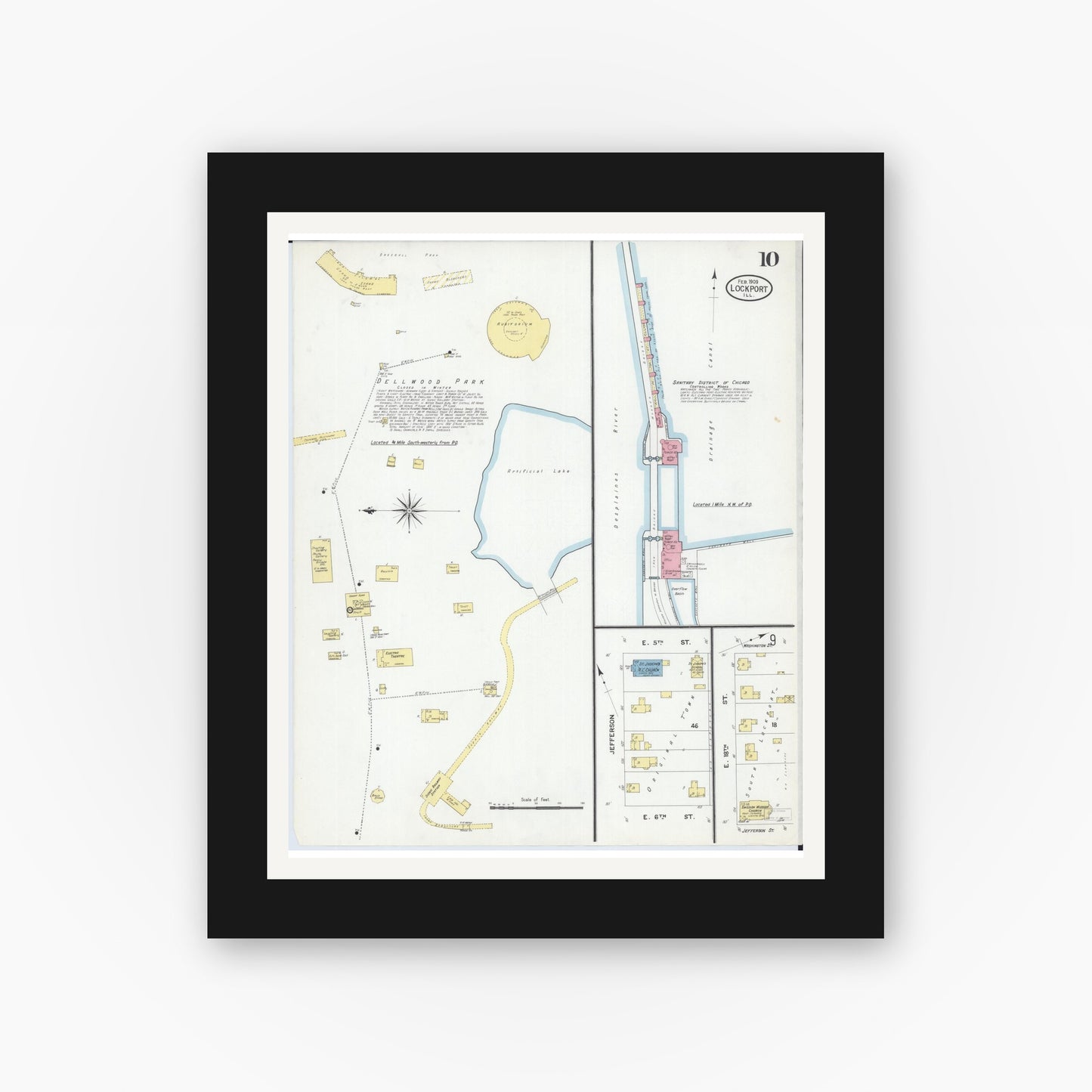 Old map wall art mockup — black gallery frame with white mat — Sanborn Fire Insurance Map from Lockport, Will County, Illinois (1909), Sheet #0010