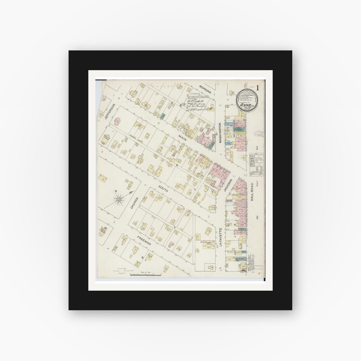 Old map wall art mockup — black gallery frame with white mat — Sanborn Fire Insurance Map from Anna, Union County, Illinois (1888) - Complete Map Set