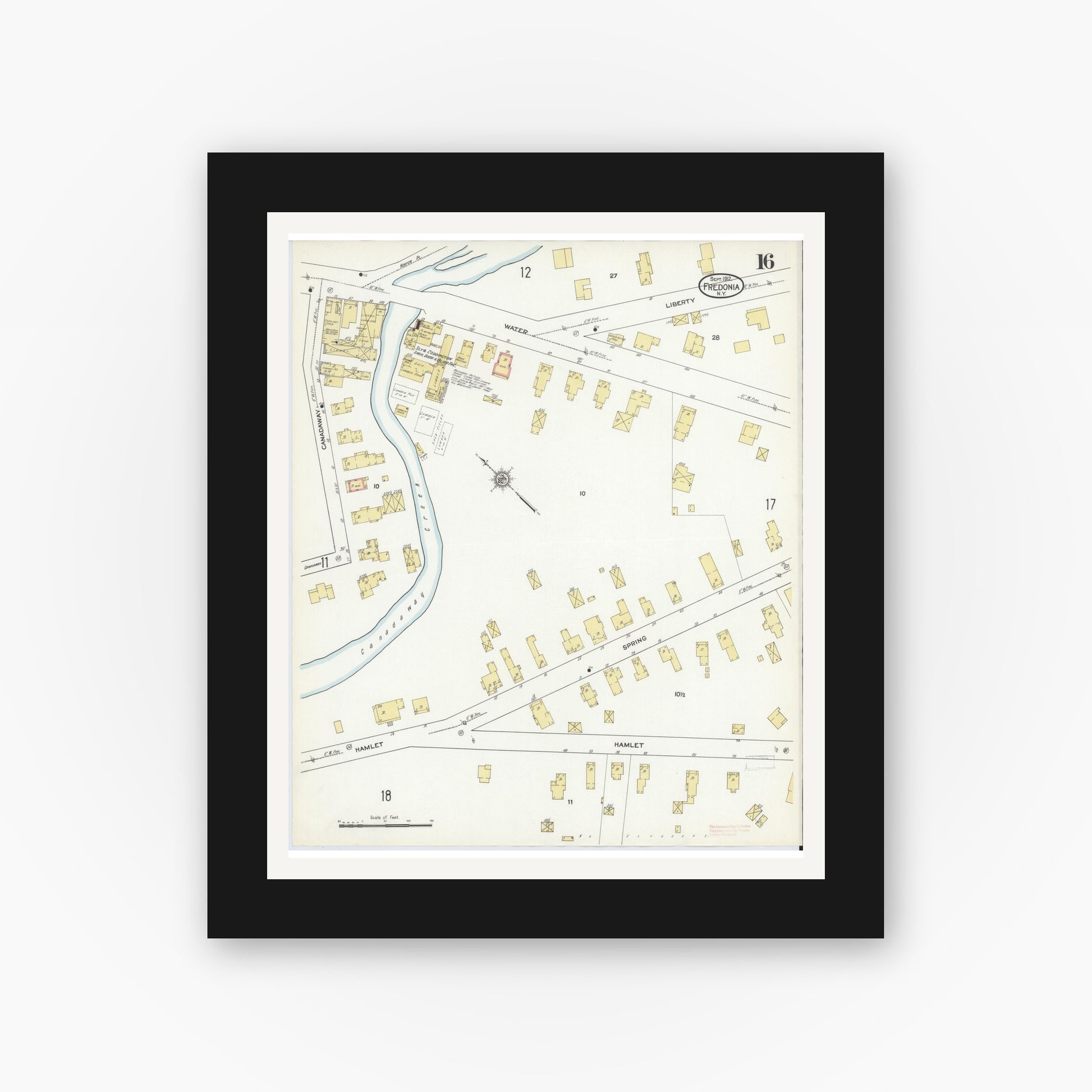Old map wall art mockup — black gallery frame with white mat — Sanborn Fire Insurance Map from Fredonia, Chautauqua County, New York (1912), Sheet #0016