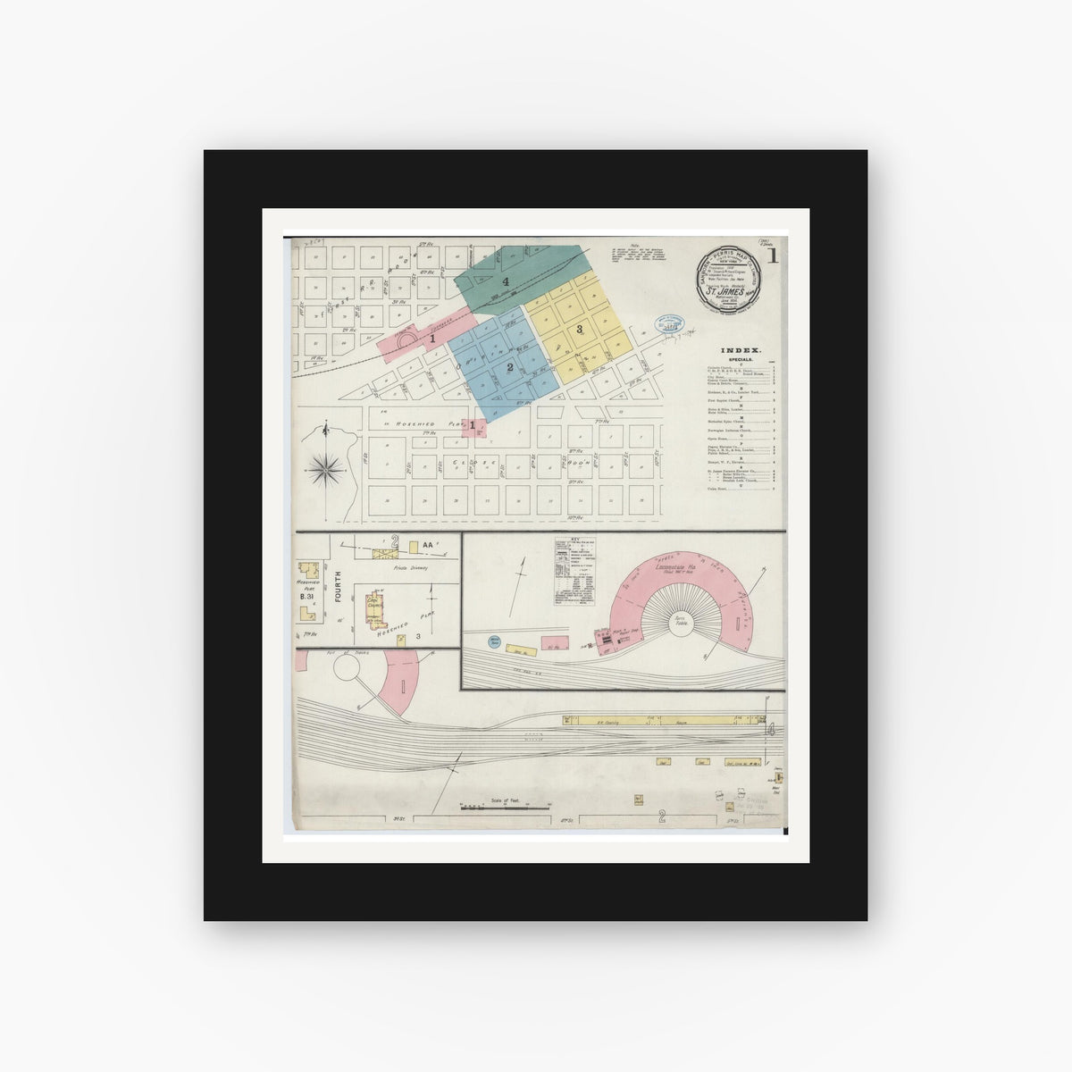Old map wall art mockup — black gallery frame with white mat — Sanborn Fire Insurance Map from Saint James, Watonwan County, Minnesota (1894), Sheet #0001
