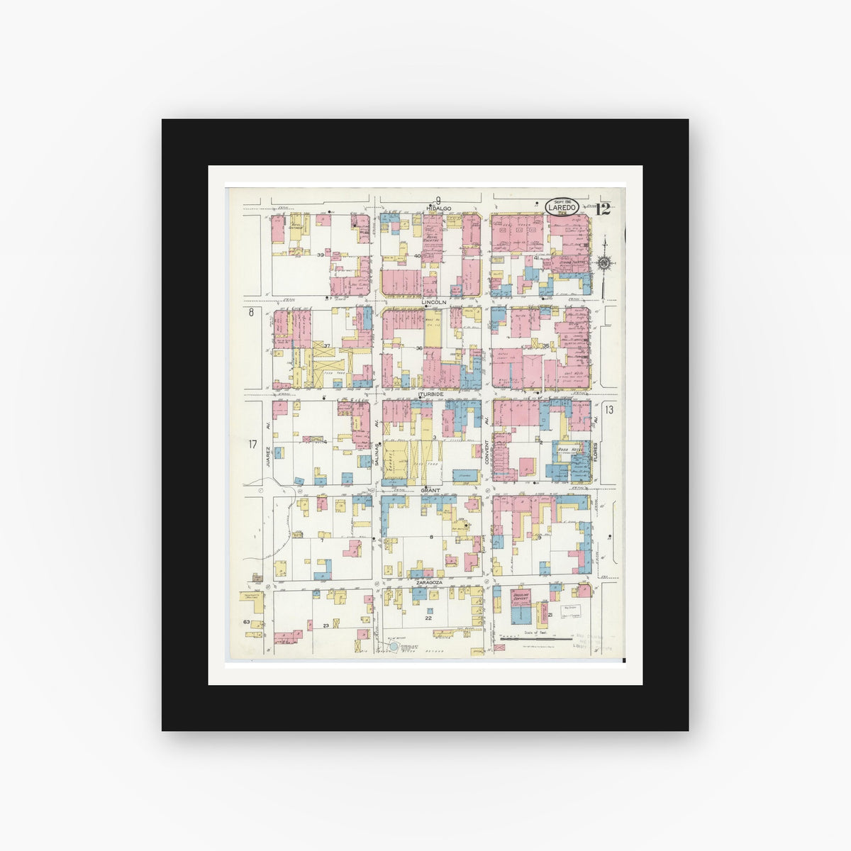 Old map wall art mockup — black gallery frame with white mat — Sanborn Fire Insurance Map from Laredo, Webb County, Texas (1916), Sheet #0012