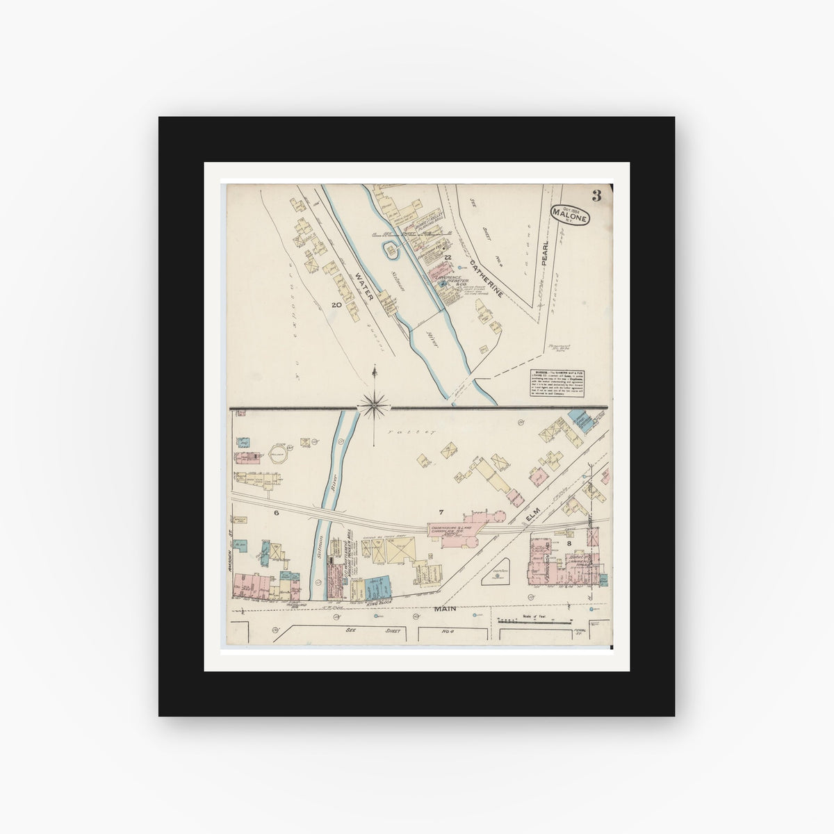 Old map wall art mockup — black gallery frame with white mat — Sanborn Fire Insurance Map from Malone, Franklin County, New York (1884), Sheet #0003