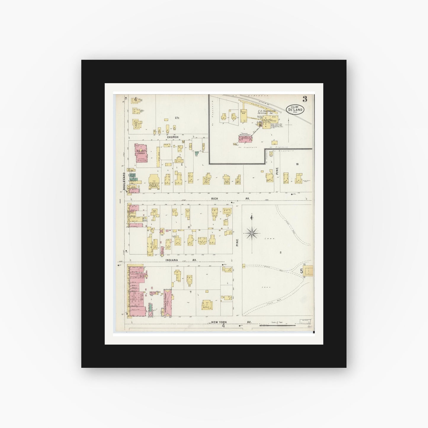 Old map wall art mockup — black gallery frame with white mat — Sanborn Fire Insurance Map from De Land, Volusia County, Florida (1897), Sheet #0003
