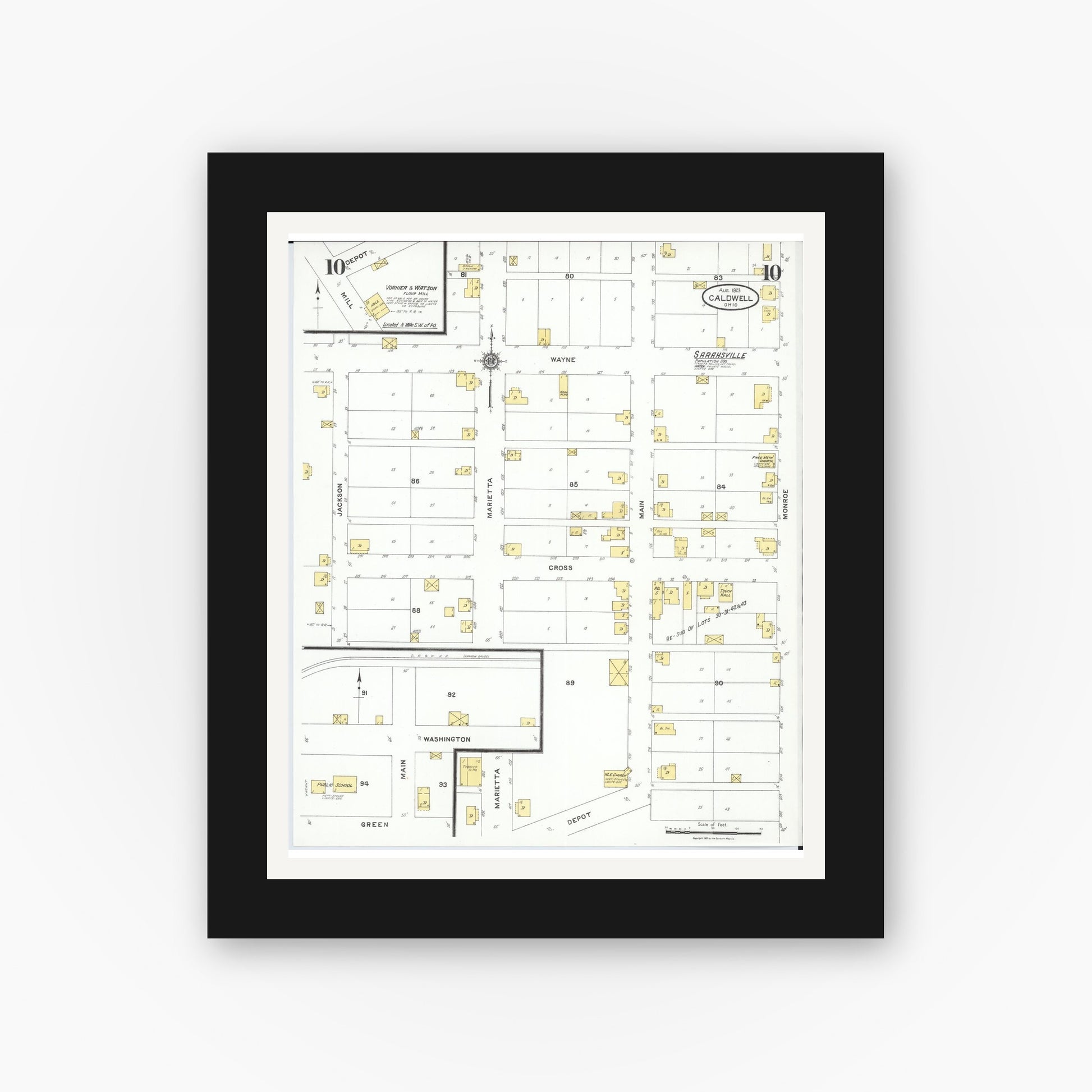Old map wall art mockup — black gallery frame with white mat — Sanborn Fire Insurance Map from Caldwell, Noble County, Ohio (1923), Sheet #0010