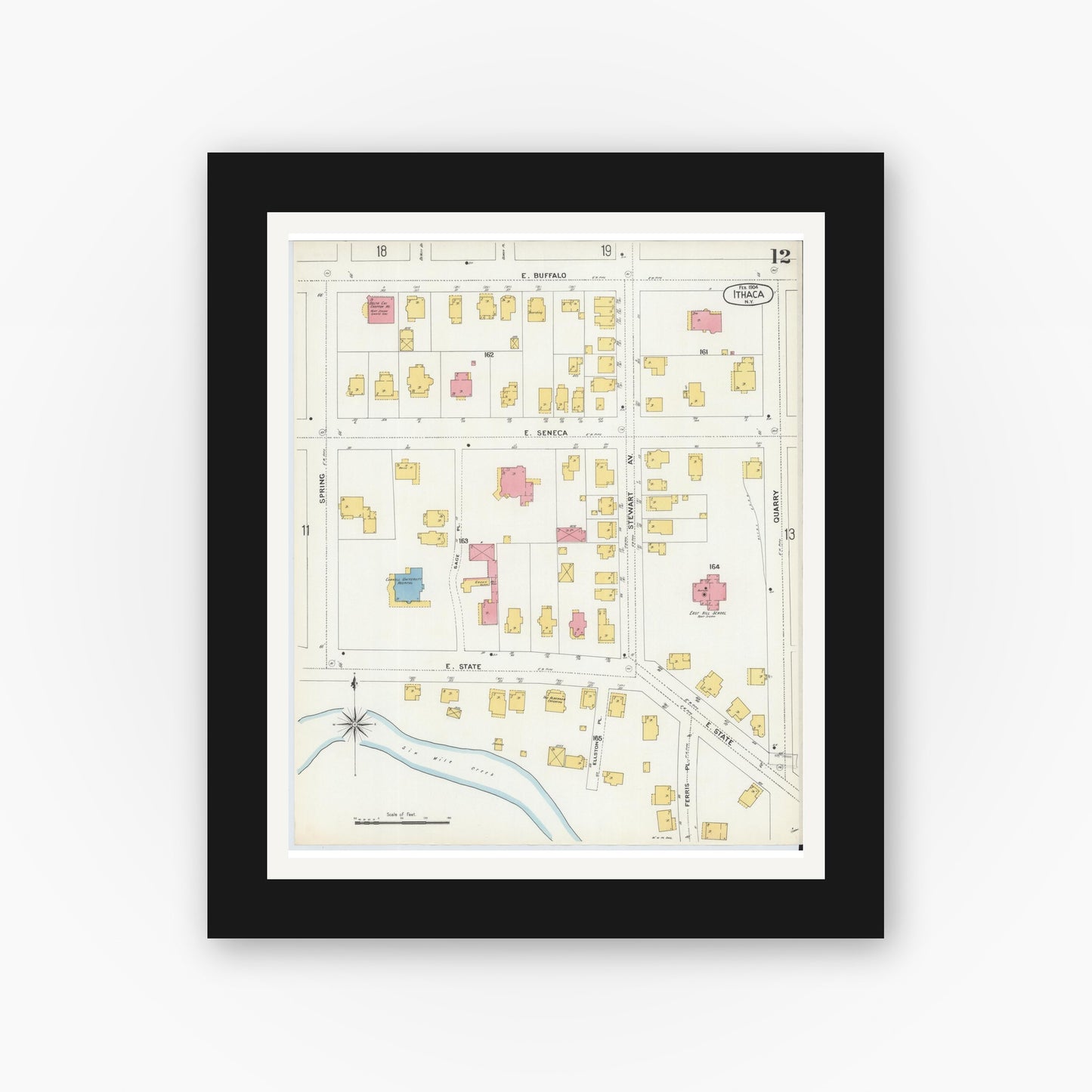 Old map wall art mockup — black gallery frame with white mat — Sanborn Fire Insurance Map from Ithaca, Tompkins County, New York (1904), Sheet #0012