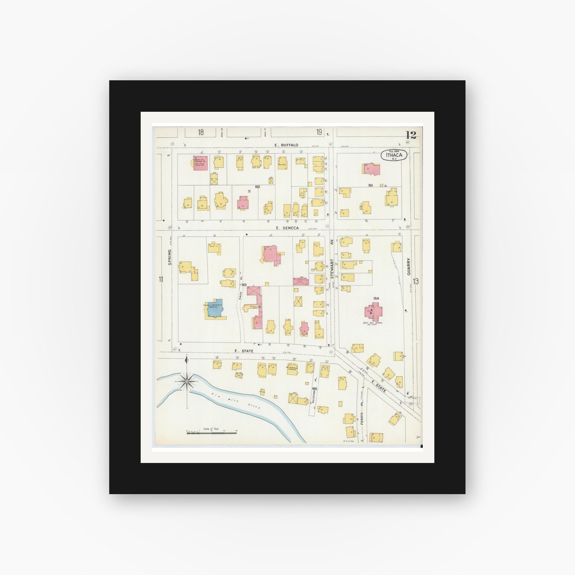 Old map wall art mockup — black gallery frame with white mat — Sanborn Fire Insurance Map from Ithaca, Tompkins County, New York (1904), Sheet #0012