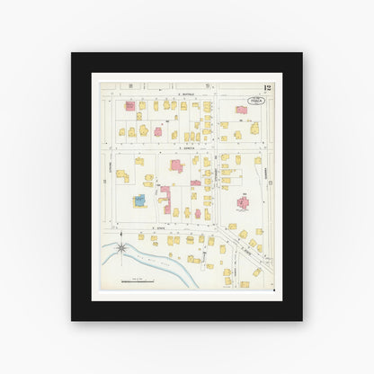Old map wall art mockup — black gallery frame with white mat — Sanborn Fire Insurance Map from Ithaca, Tompkins County, New York (1904), Sheet #0012