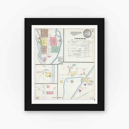 Old map wall art mockup — black gallery frame with white mat — Sanborn Fire Insurance Map from Brookville, Franklin County, Indiana (1892), Sheet #0001
