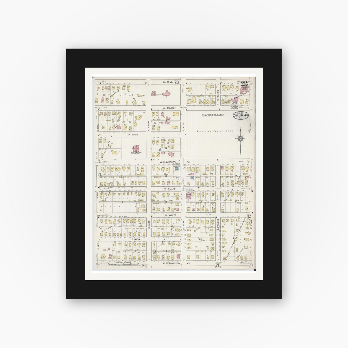 Old map wall art mockup — black gallery frame with white mat — Sanborn Fire Insurance Map from Champaign, Champaign County, Illinois (1915), Sheet #0022