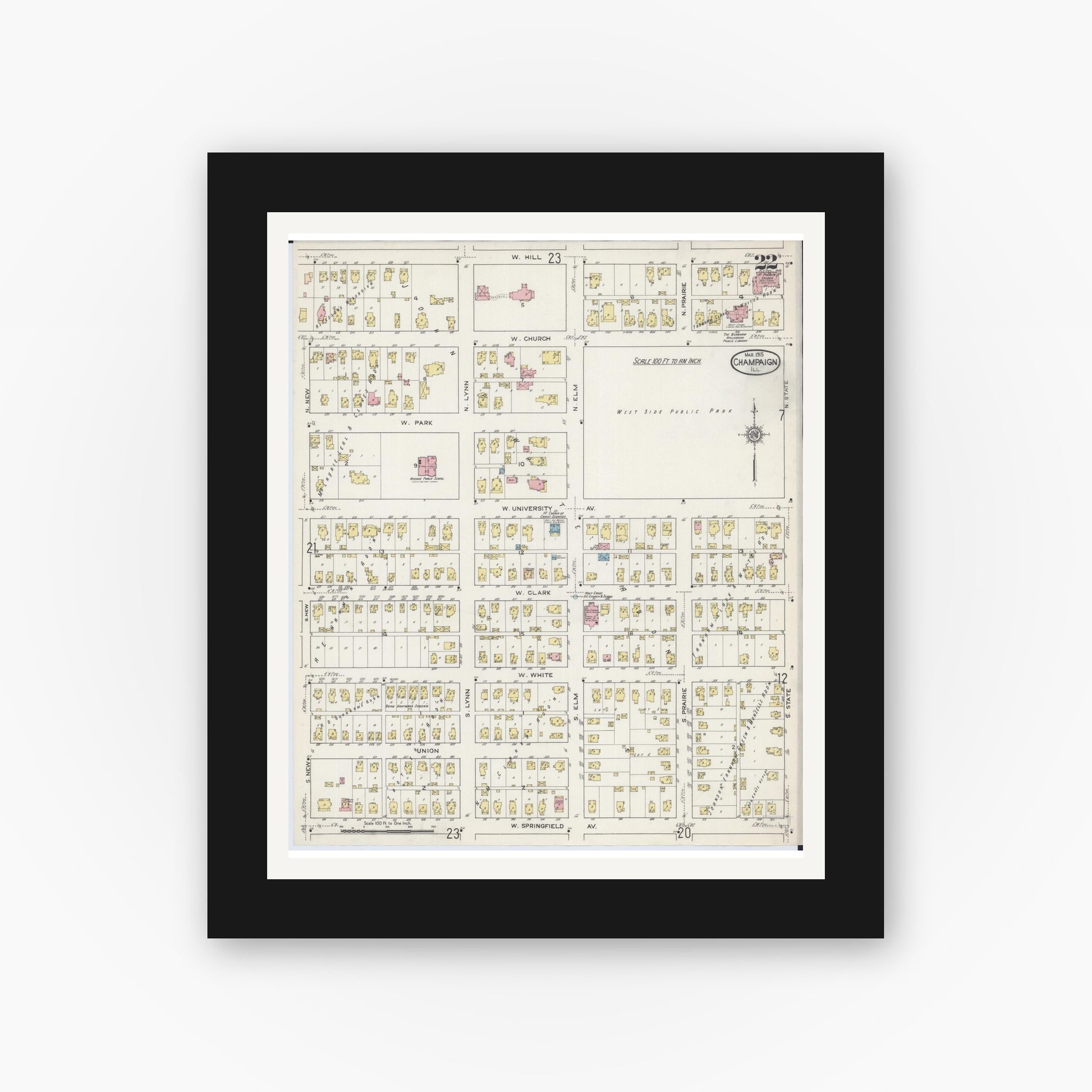 Old map wall art mockup — black gallery frame with white mat — Sanborn Fire Insurance Map from Champaign, Champaign County, Illinois (1915), Sheet #0022