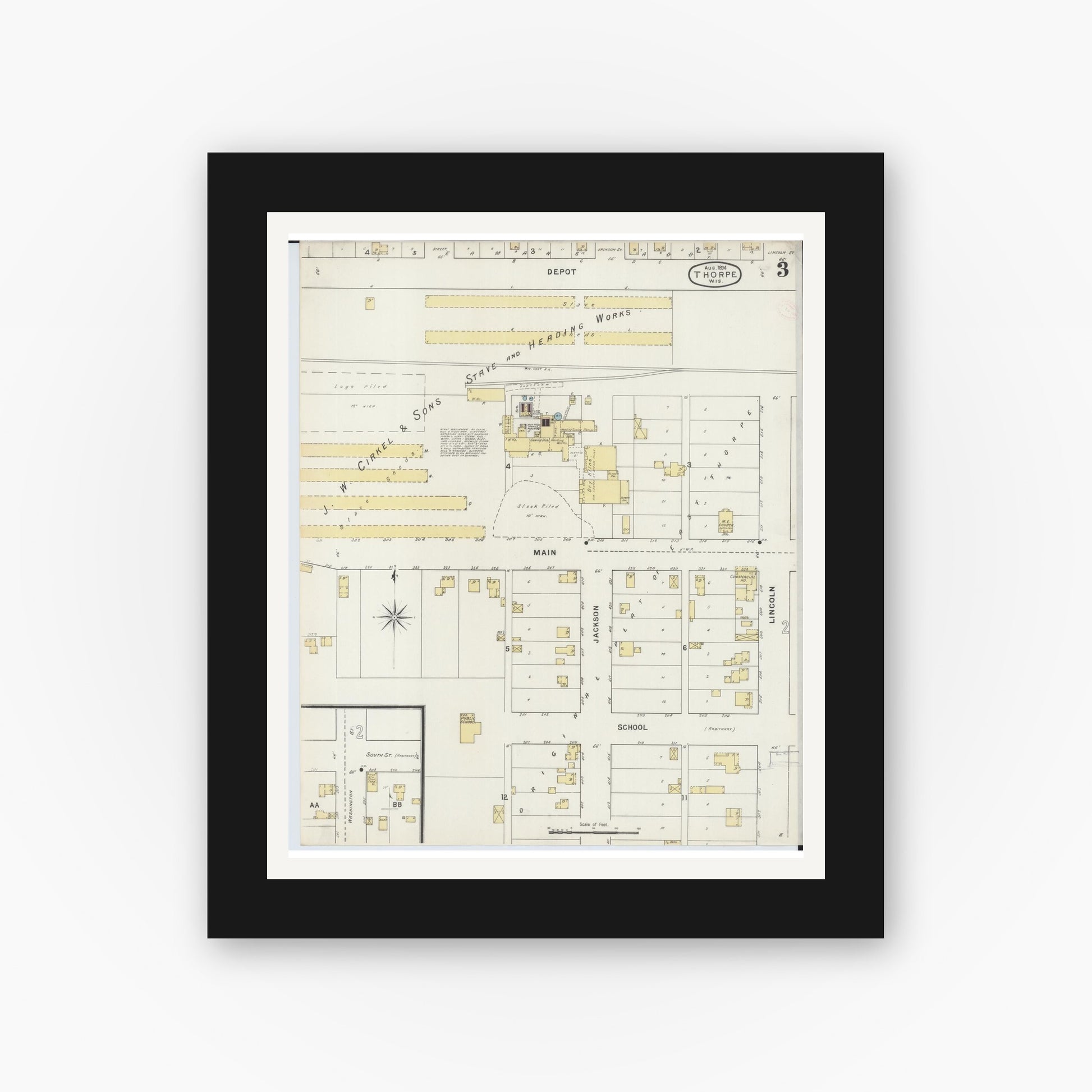 Old map wall art mockup — black gallery frame with white mat — Sanborn Fire Insurance Map from Thorpe, Clark County, Wisconsin (1894), Sheet #0003