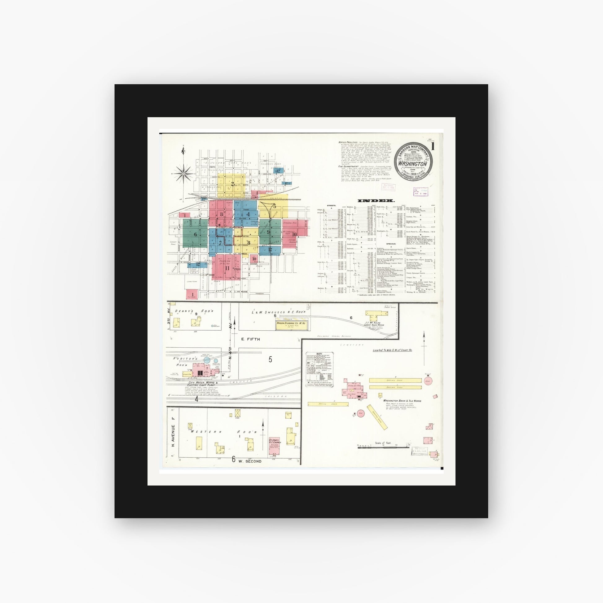 Old map wall art mockup — black gallery frame with white mat — Sanborn Fire Insurance Map from Washington, Washington County, Iowa (1909), Sheet #0001