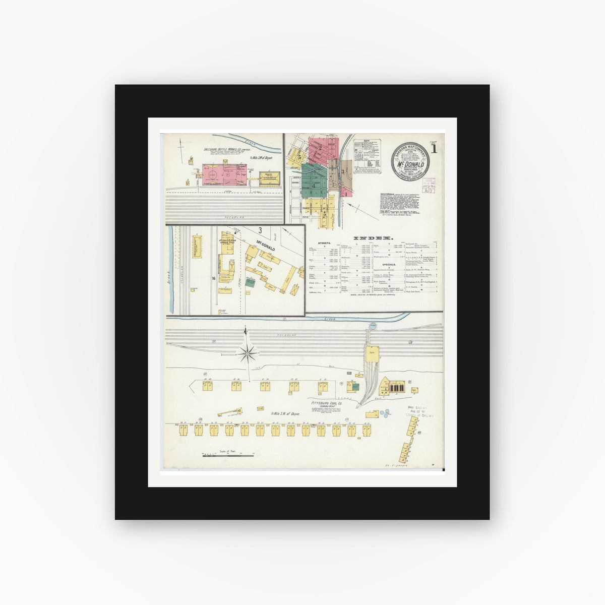 Old map wall art mockup — black gallery frame with white mat — Sanborn Fire Insurance Map from McDonald, Washington County, Pennsylvania (1902) - Complete Map Set