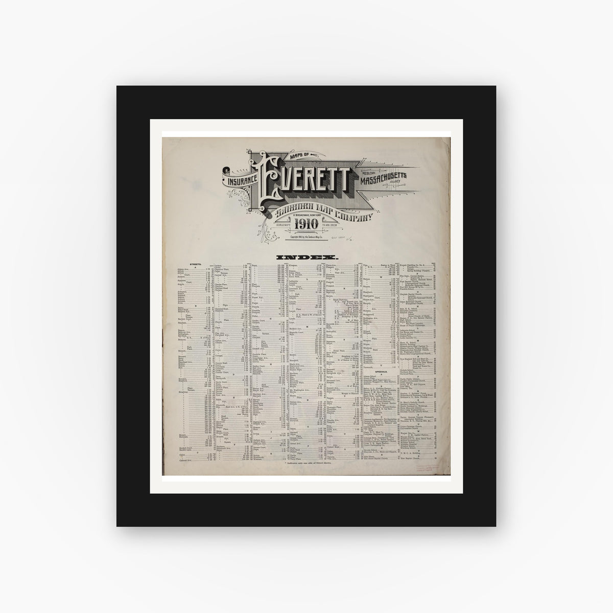 Old map wall art mockup — black gallery frame with white mat — Sanborn Fire Insurance Map from Everett, Middlesex County, Massachusetts (1910), Sheet #0001