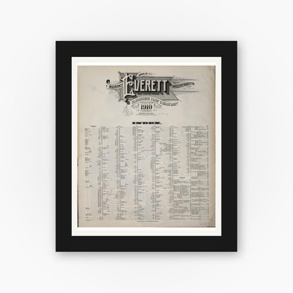 Old map wall art mockup — black gallery frame with white mat — Sanborn Fire Insurance Map from Everett, Middlesex County, Massachusetts (1910), Sheet #0001