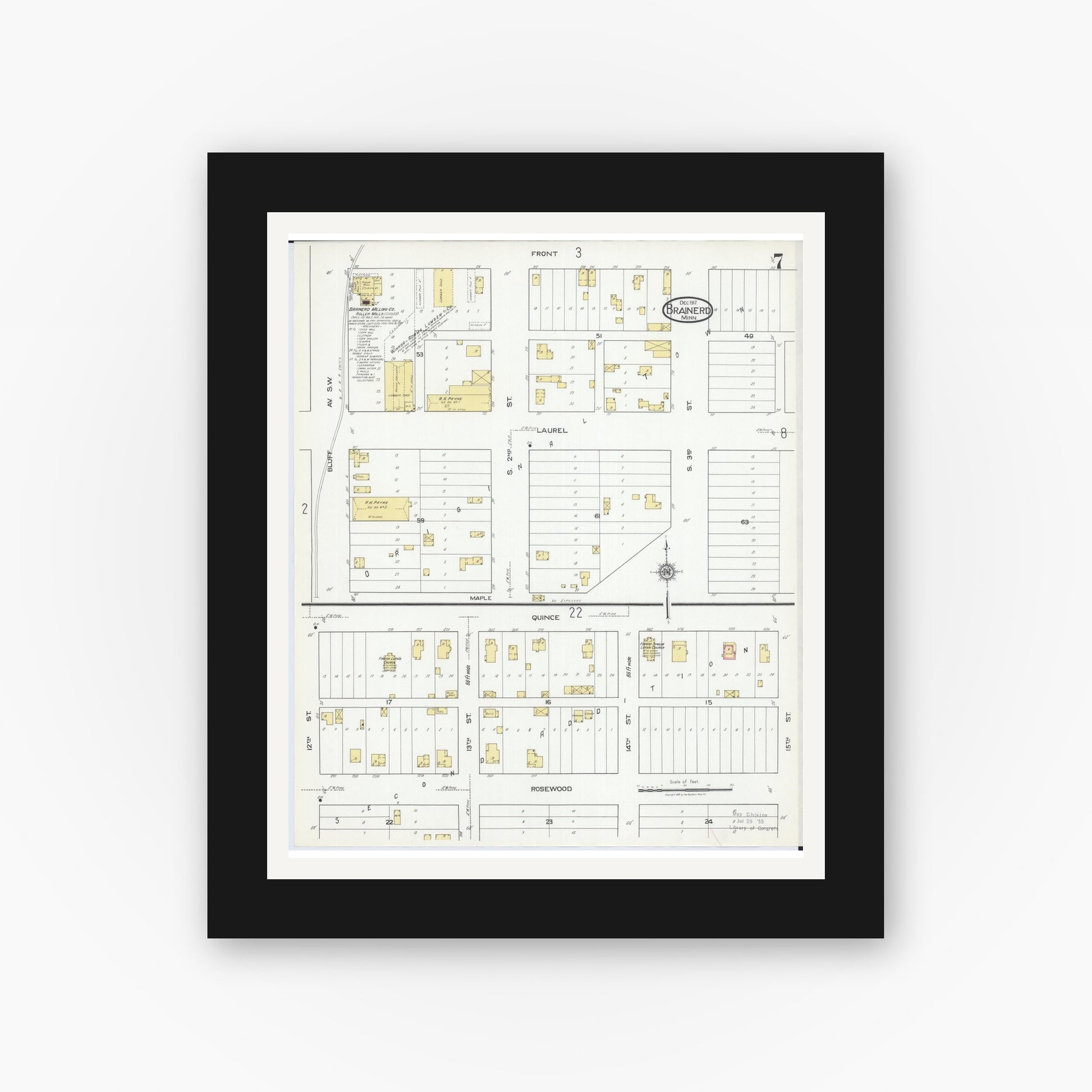 Old map wall art mockup — black gallery frame with white mat — Sanborn Fire Insurance Map from Brainerd, Crow Wing County, Minnesota (1917), Sheet #0007