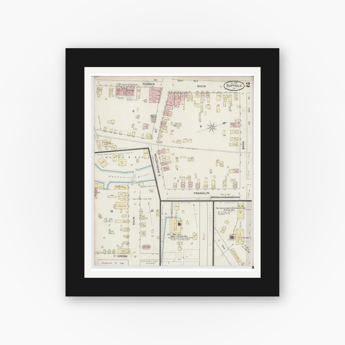 Old map wall art mockup — black gallery frame with white mat — Sanborn Fire Insurance Map from Suffolk, Independent Cities, Virginia (1888), Sheet #0002