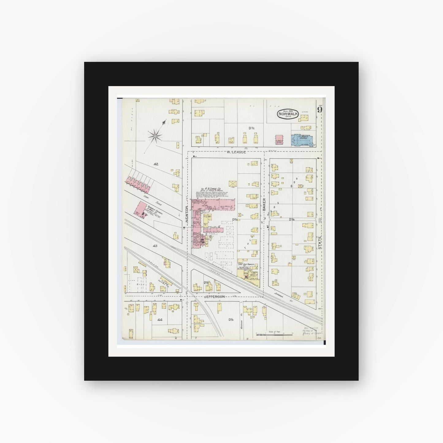 Old map wall art mockup — black gallery frame with white mat — Sanborn Fire Insurance Map from Norwalk, Huron County, Ohio (1893), Sheet #0009