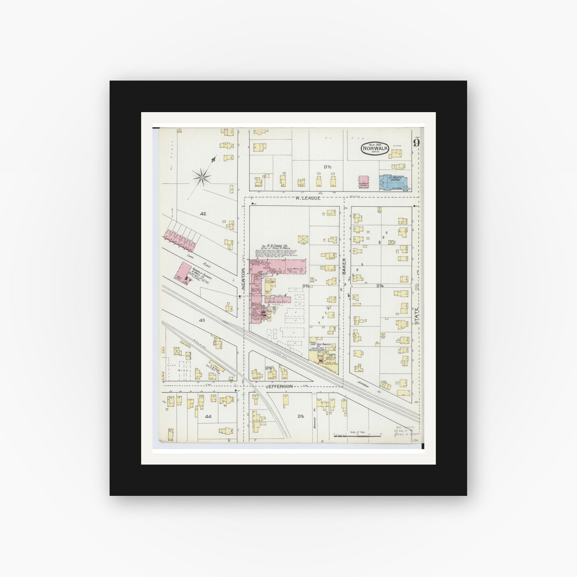Old map wall art mockup — black gallery frame with white mat — Sanborn Fire Insurance Map from Norwalk, Huron County, Ohio (1893), Sheet #0009