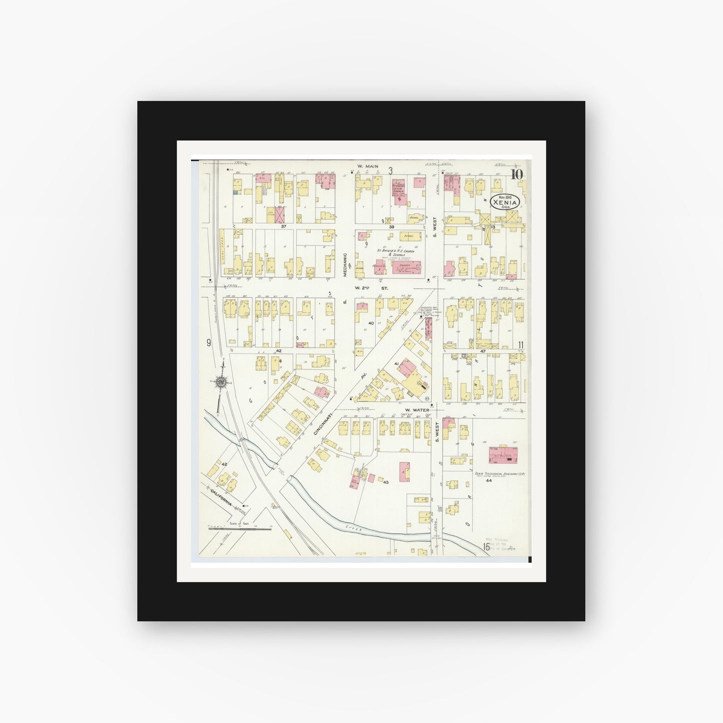 Old map wall art mockup — black gallery frame with white mat — Sanborn Fire Insurance Map from Xenia, Greene County, Ohio (1910), Sheet #0010