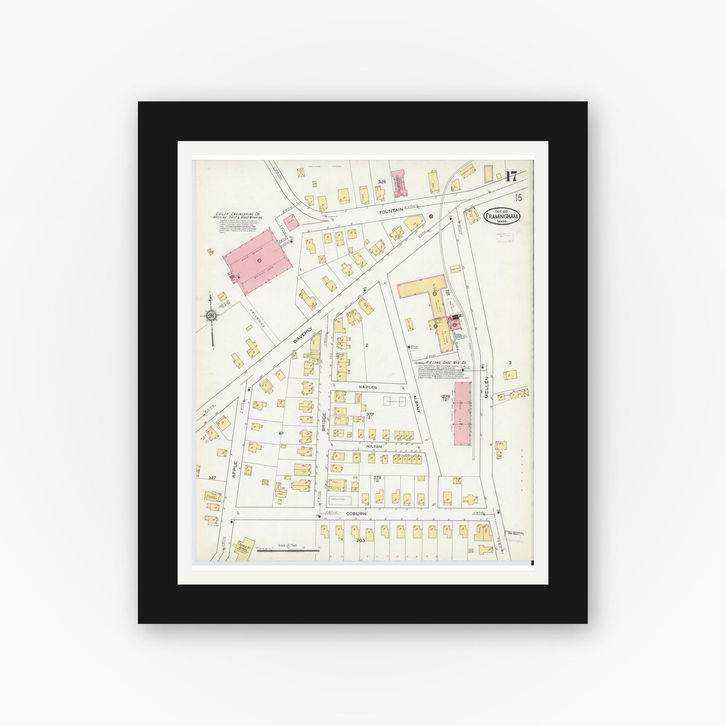 Old map wall art mockup — black gallery frame with white mat — Sanborn Fire Insurance Map from Framingham, Middlesex County, Massachusetts (1915), Sheet #0017