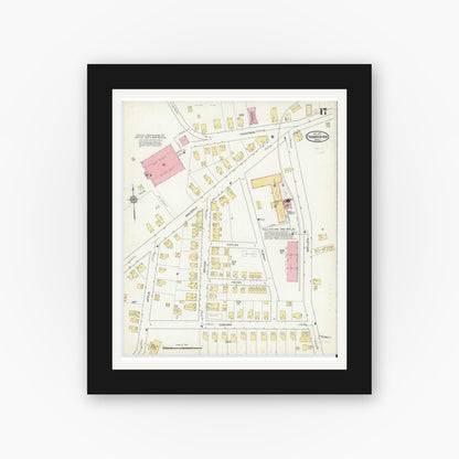 Old map wall art mockup — black gallery frame with white mat — Sanborn Fire Insurance Map from Framingham, Middlesex County, Massachusetts (1915), Sheet #0017