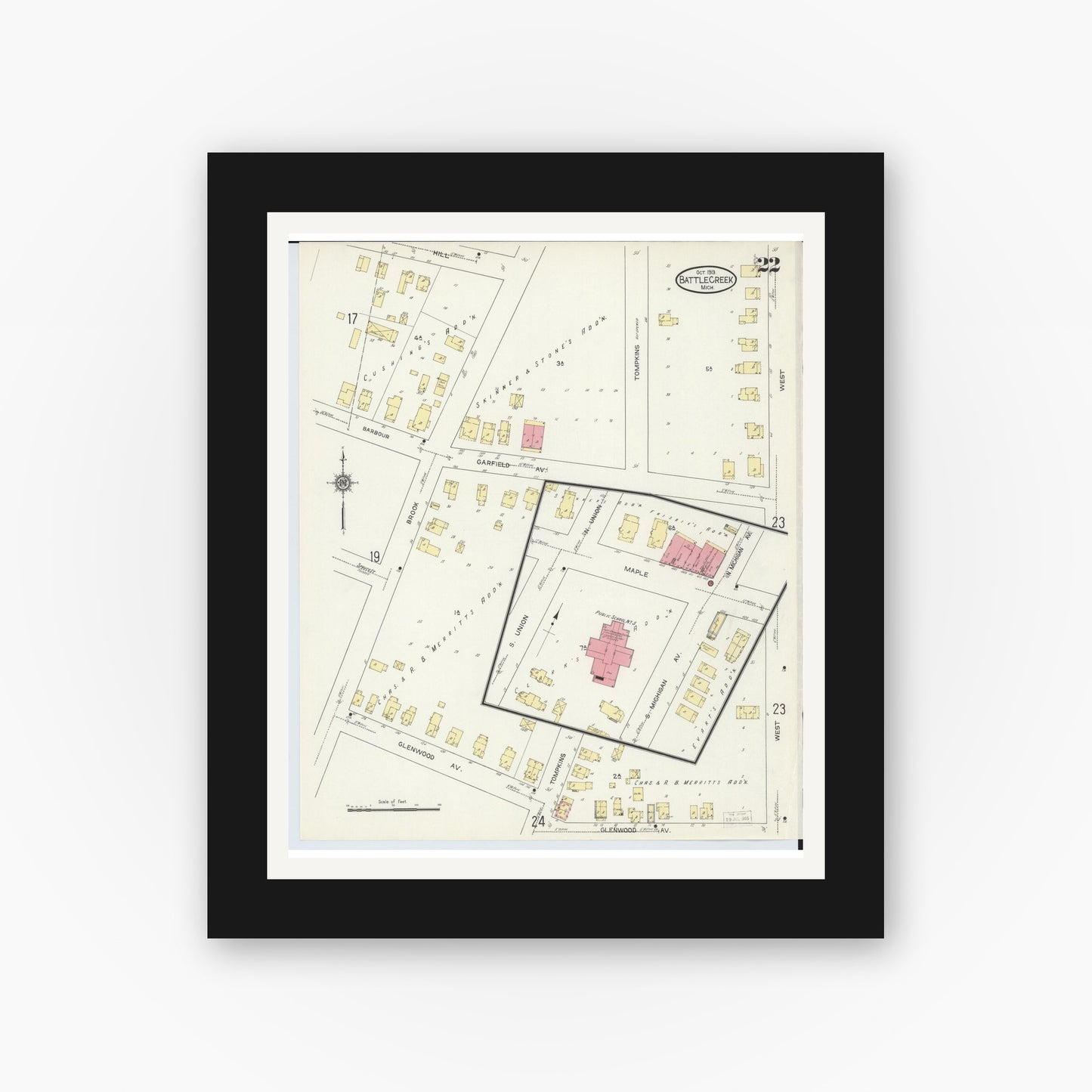 Old map wall art mockup — black gallery frame with white mat — Sanborn Fire Insurance Map from Battle Creek, Calhoun County, Michigan (1913), Sheet #0022