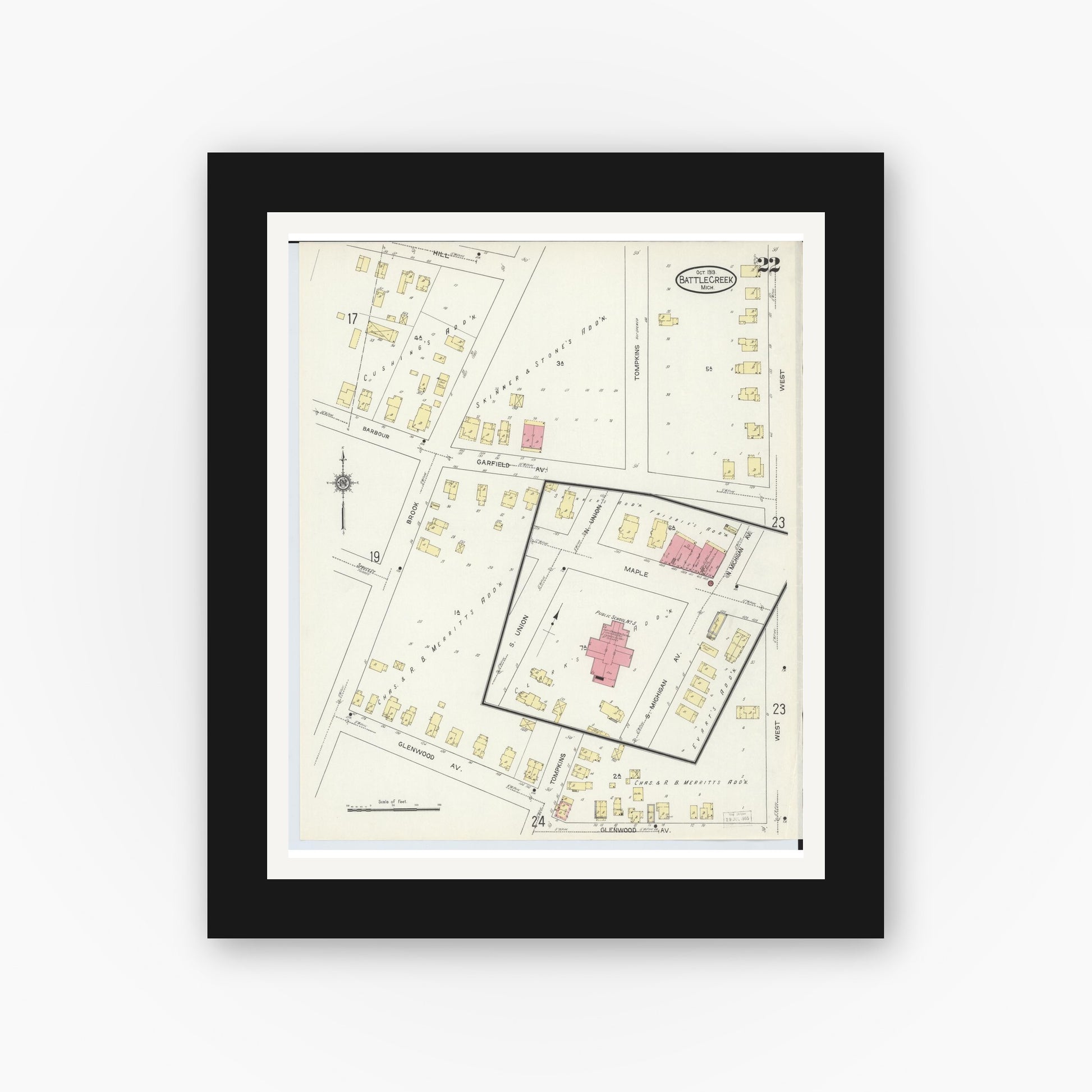 Old map wall art mockup — black gallery frame with white mat — Sanborn Fire Insurance Map from Battle Creek, Calhoun County, Michigan (1913), Sheet #0022