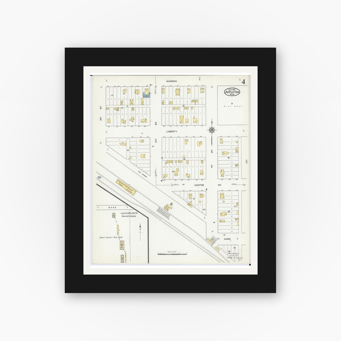 Old map wall art mockup — black gallery frame with white mat — Sanborn Fire Insurance Map from Appleton, Swift County, Minnesota (1915), Sheet #0004