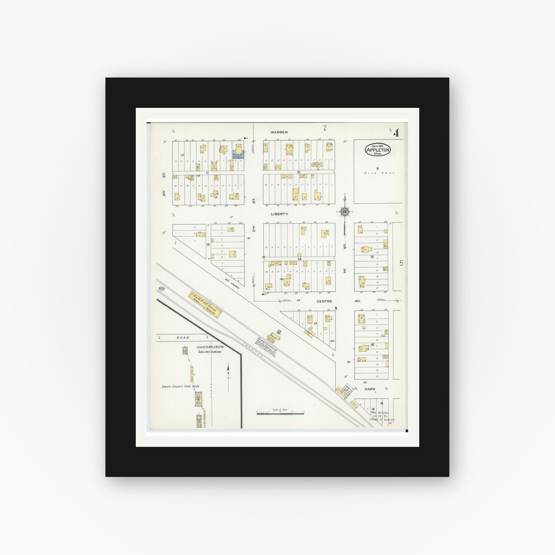 Old map wall art mockup — black gallery frame with white mat — Sanborn Fire Insurance Map from Appleton, Swift County, Minnesota (1915), Sheet #0004