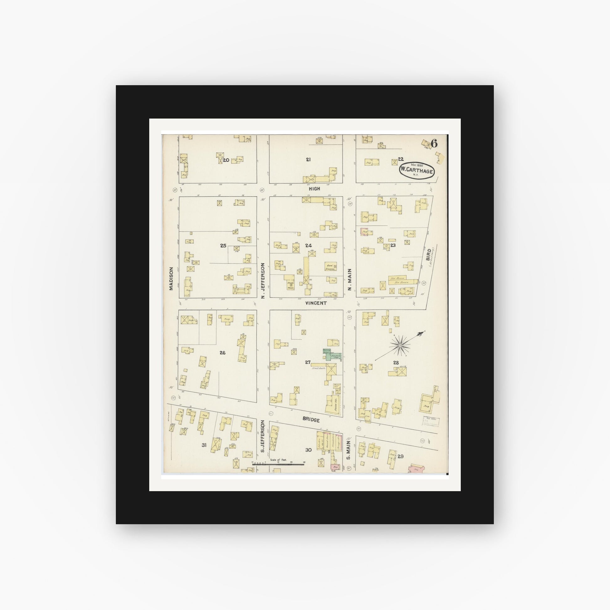 Old map wall art mockup — black gallery frame with white mat — Sanborn Fire Insurance Map from Carthage, Jefferson County, New York (1890), Sheet #0006