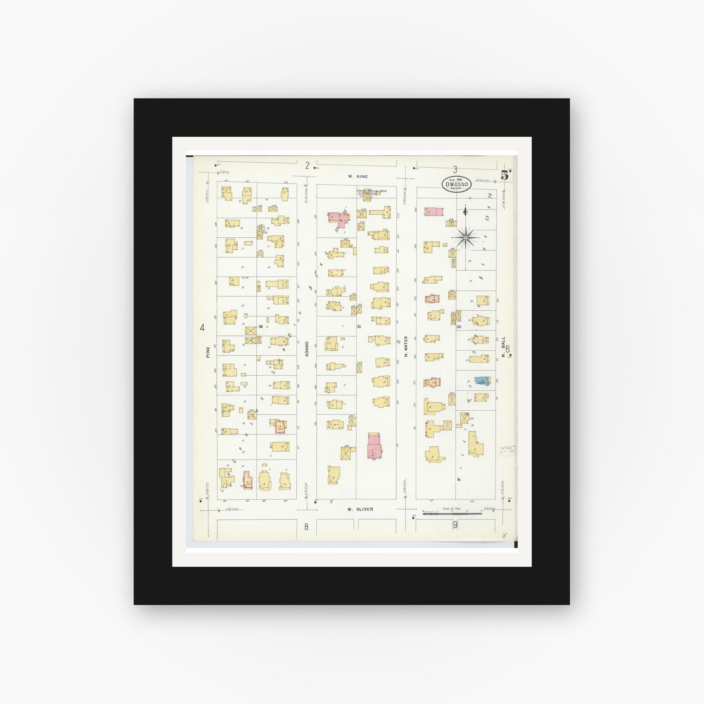 Old map wall art mockup — black gallery frame with white mat — Sanborn Fire Insurance Map from Owosso, Shiawassee County, Michigan (1908), Sheet #0005