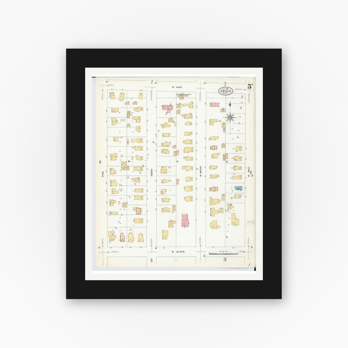 Old map wall art mockup — black gallery frame with white mat — Sanborn Fire Insurance Map from Owosso, Shiawassee County, Michigan (1908), Sheet #0005