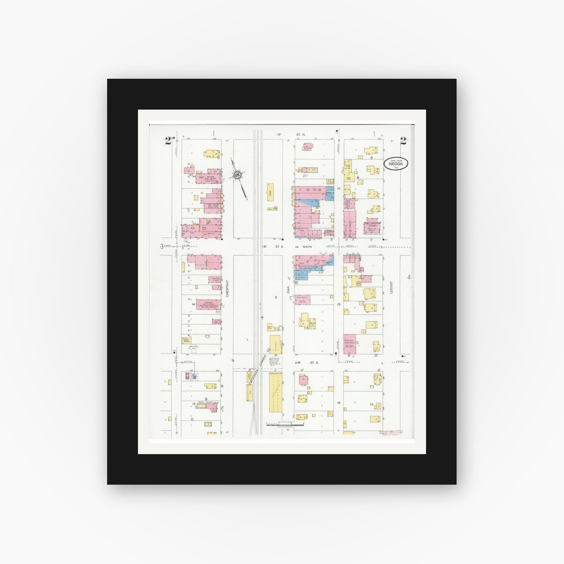 Old map wall art mockup — black gallery frame with white mat — Sanborn Fire Insurance Map from Neoga, Cumberland County, Illinois (1930), Sheet #0002