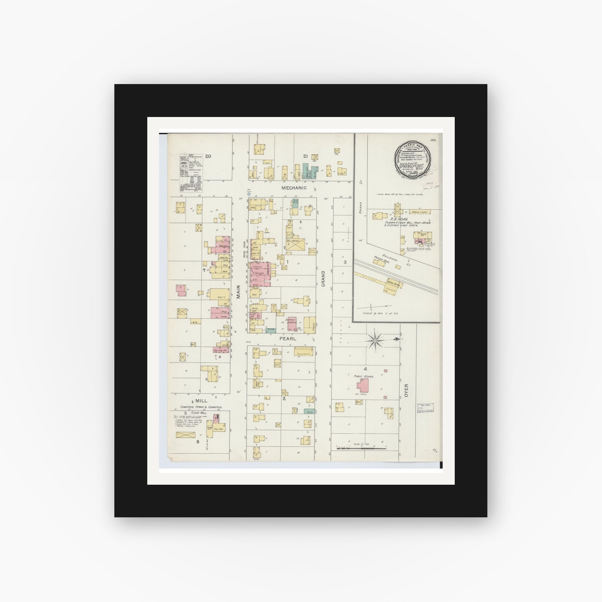Old map wall art mockup — black gallery frame with white mat — Sanborn Fire Insurance Map from Springport, Jackson County, Michigan (1892), Sheet #0001