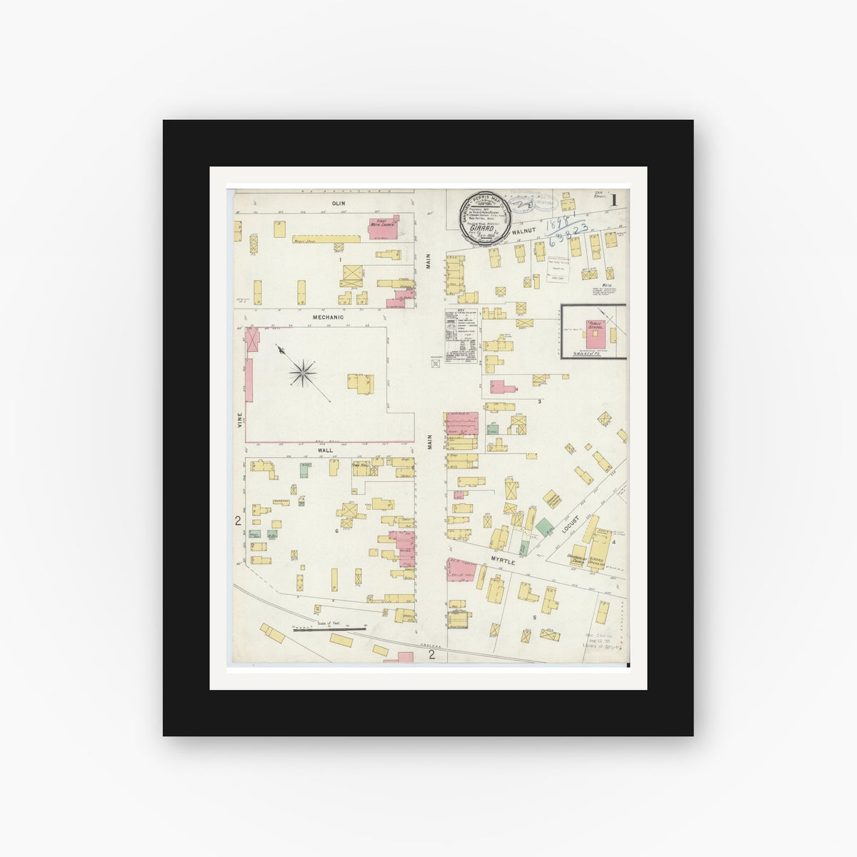 Old map wall art mockup — black gallery frame with white mat — Sanborn Fire Insurance Map from Girard, Erie County, Pennsylvania (1898) - Complete Map Set
