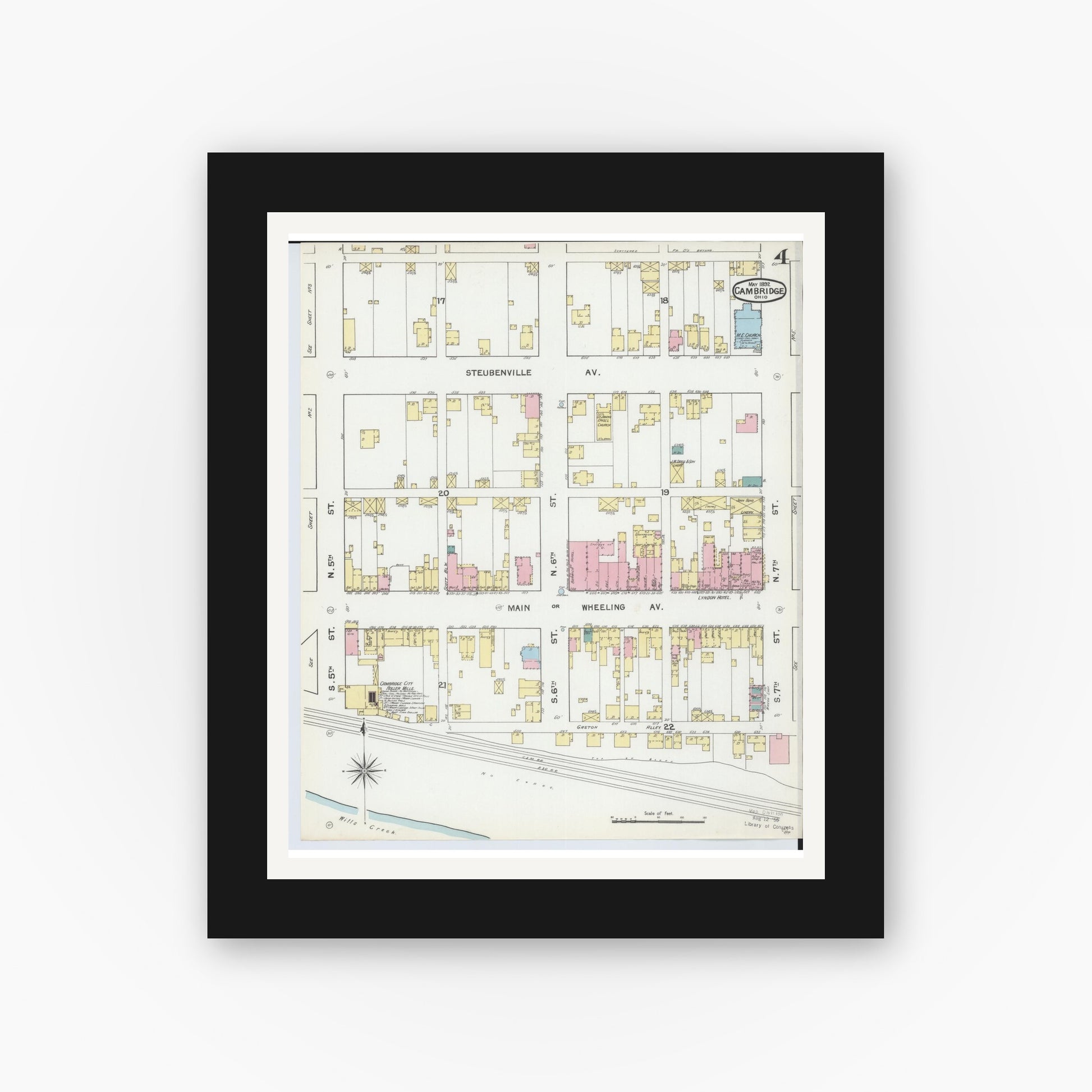 Old map wall art mockup — black gallery frame with white mat — Sanborn Fire Insurance Map from Cambridge, Guernsey County, Ohio (1892), Sheet #0004